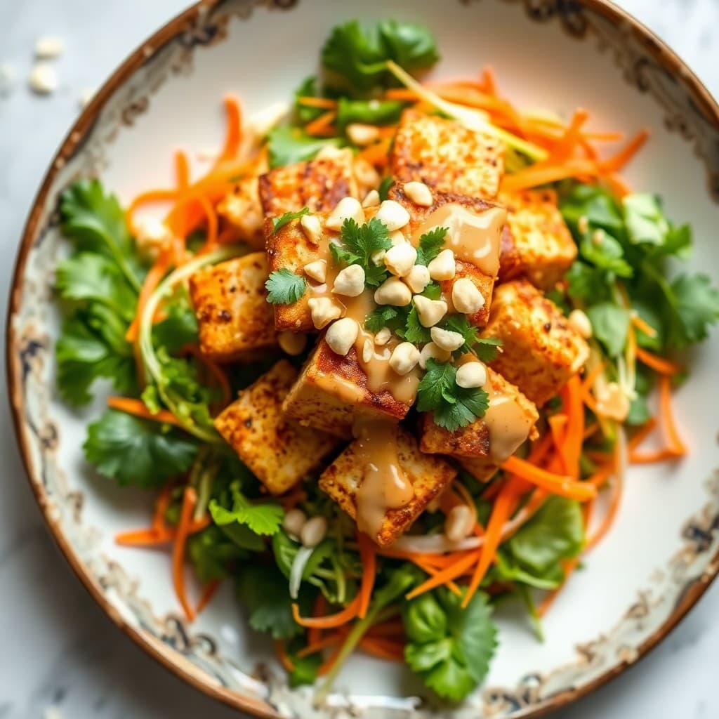 Vietnamese Crispy Tofu & Herb Salad with Peanut-Lime Drizzle
