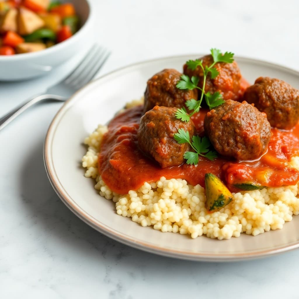Moroccan Lamb Meatball Tagine with Roasted Vegetable Couscous