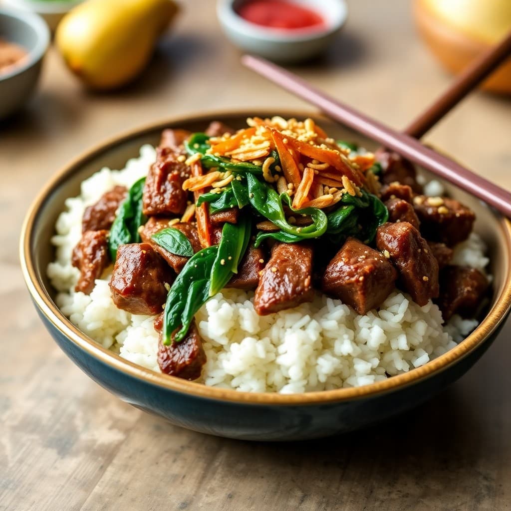 Korean Beef Bulgogi Bowl with Crispy Shallots & Sesame Spinach