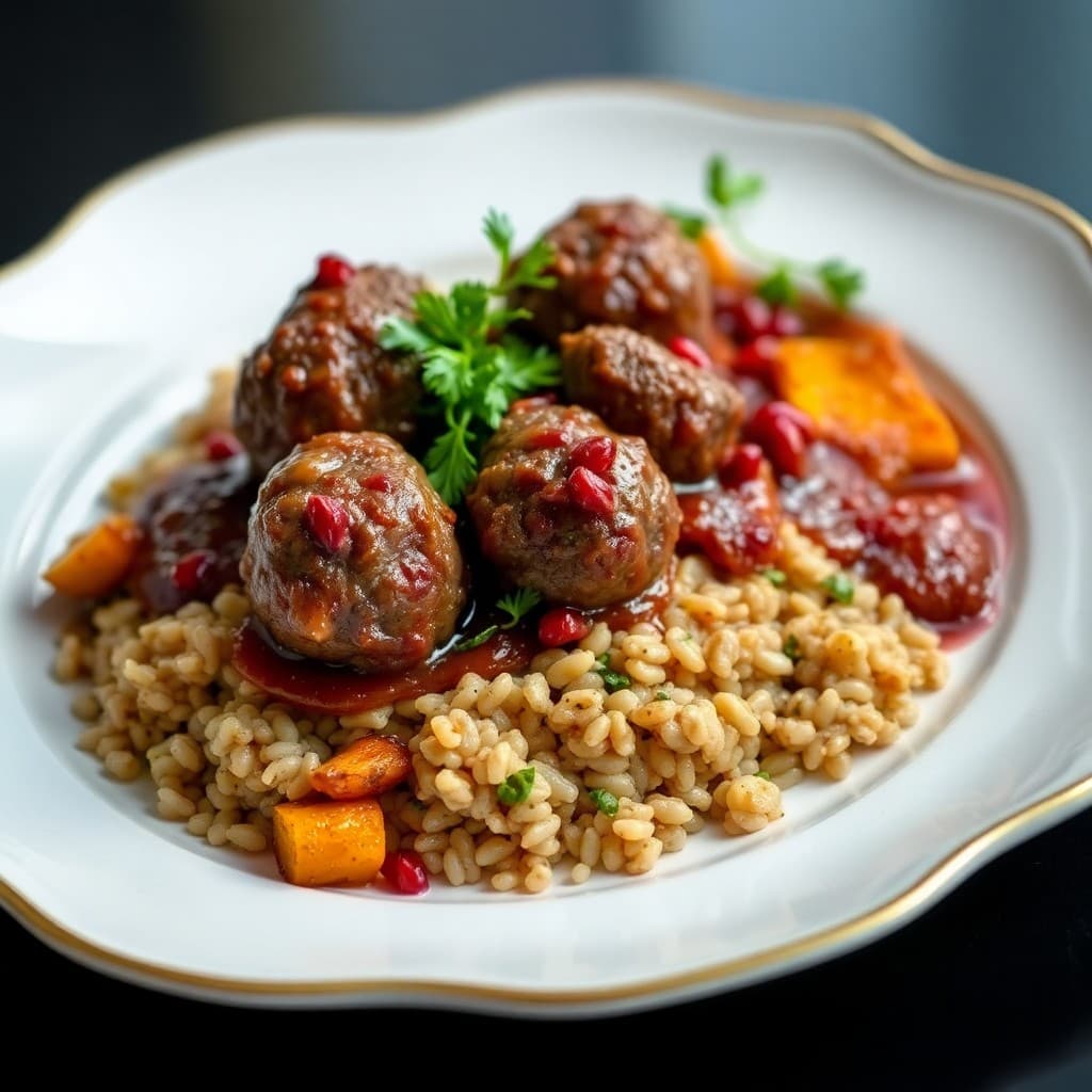 Braised Lamb Köfte with Pomegranate-Walnut Sauce & Herbed Farro Pilaf