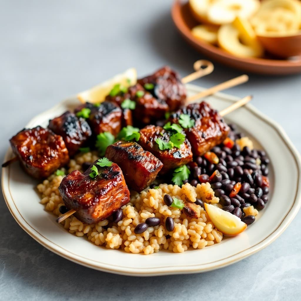 Zesty Brazilian Picanha Skewers with Black Bean Rice