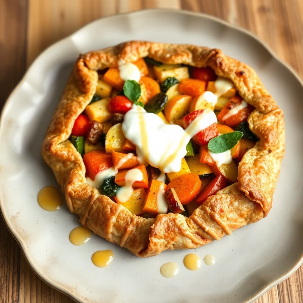 Roasted Vegetable Galette with Honey Yogurt Drizzle