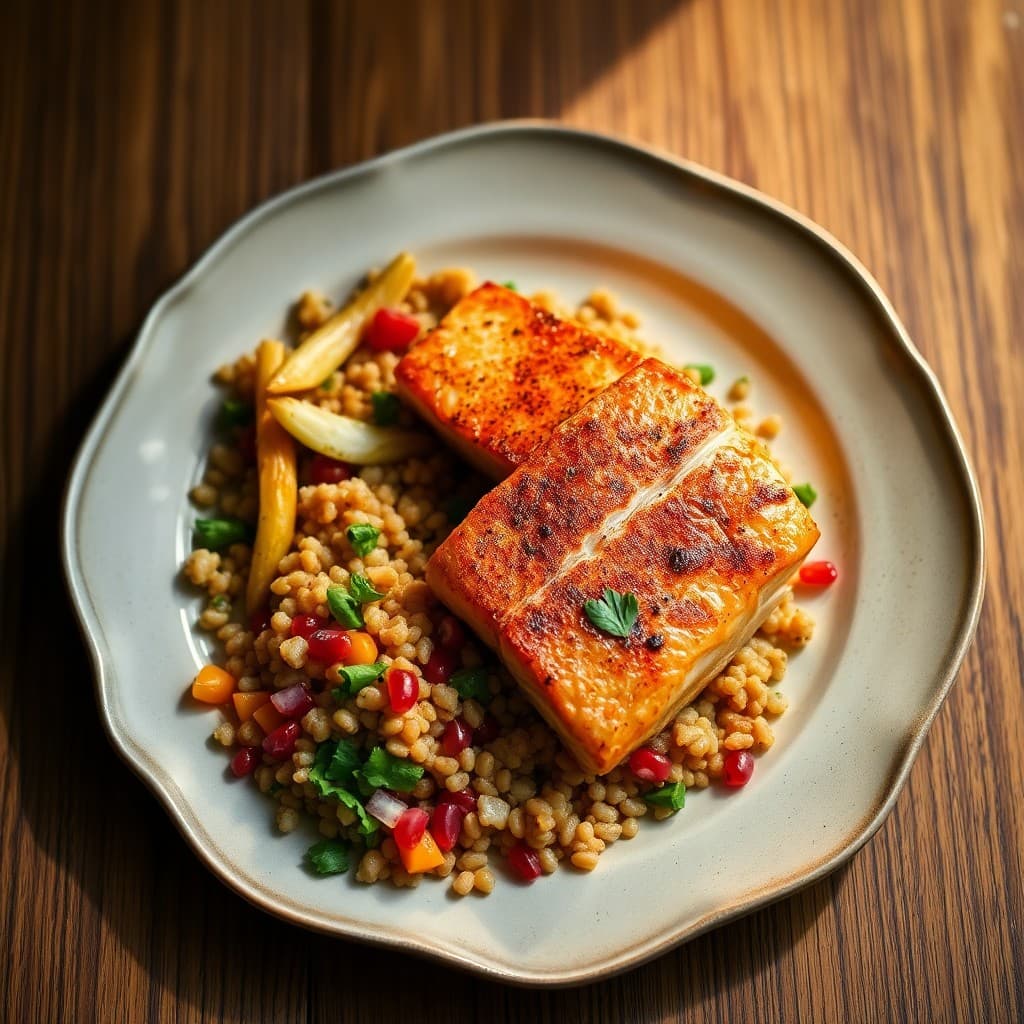 Spanish Saffron Salmon with Roasted Fennel & Farro Tabbouleh