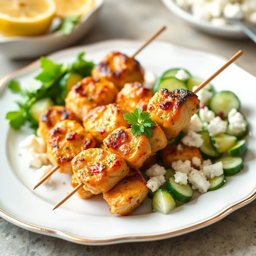 Zesty Lemon Garlic Chicken Skewers with Cucumber Feta Salad