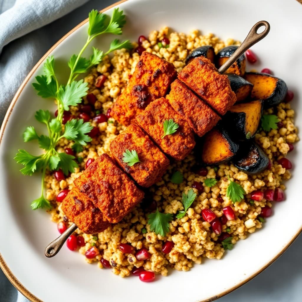 Saffron-Kissed Seitan Kebabs with Charred Eggplant & Pomegranate-Walnut Couscous
