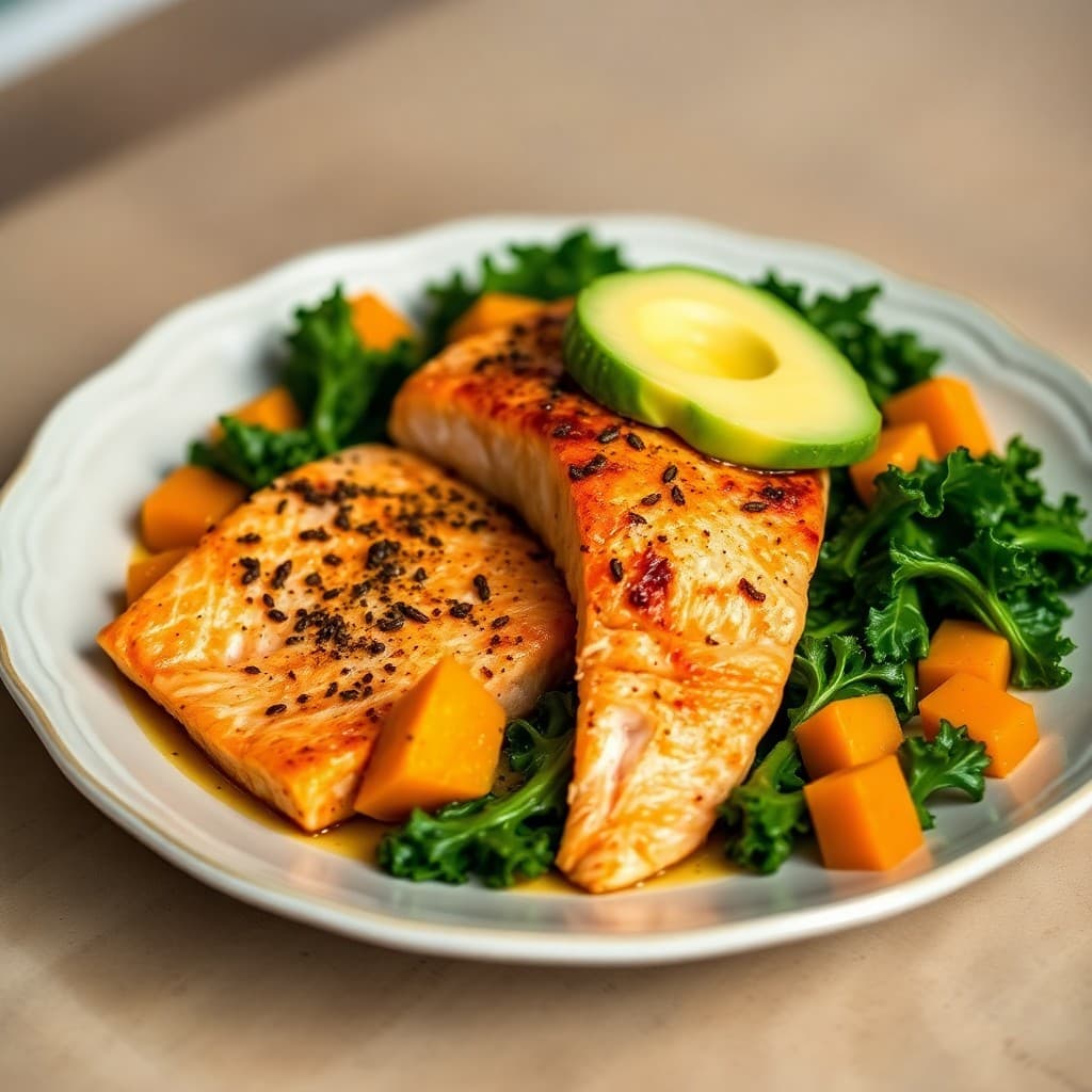 Satiating Salmon with Roasted Butternut Squash and Kale