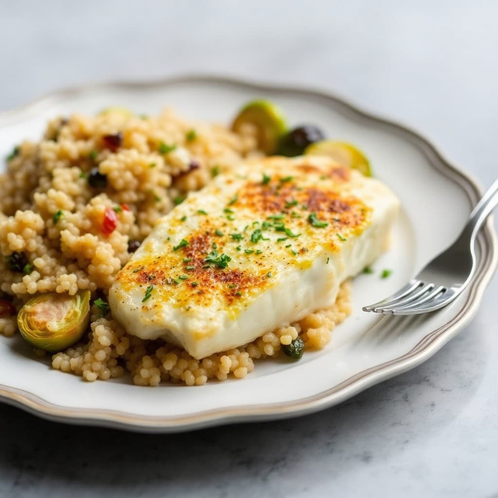 Zesty Baked Cod with Garlic-Herb Quinoa and Roasted Brussels Sprouts