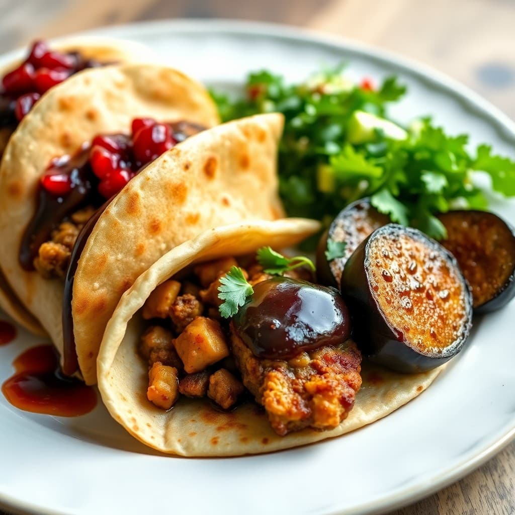 Turkish Pomegranate-Glazed Chickpea & Walnut Wraps with Roasted Eggplant