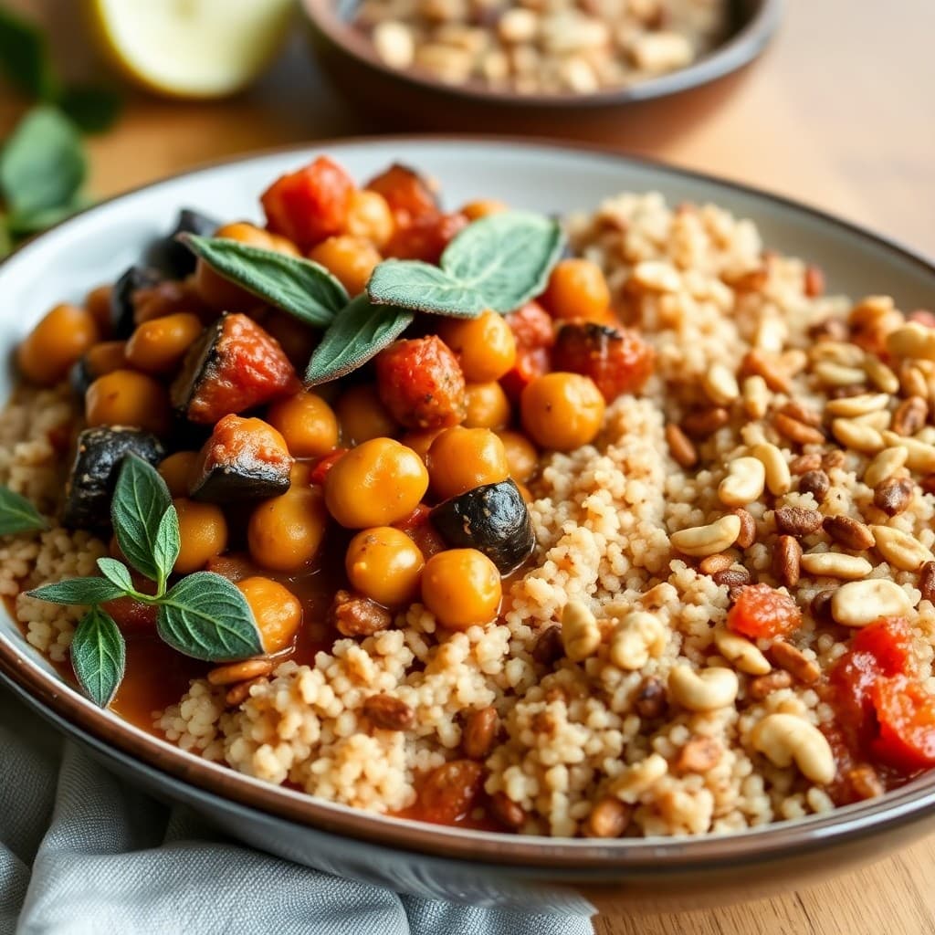 Turkish-Spiced Chickpea & Eggplant Stew with Crispy Sage & Bulgur Pilaf