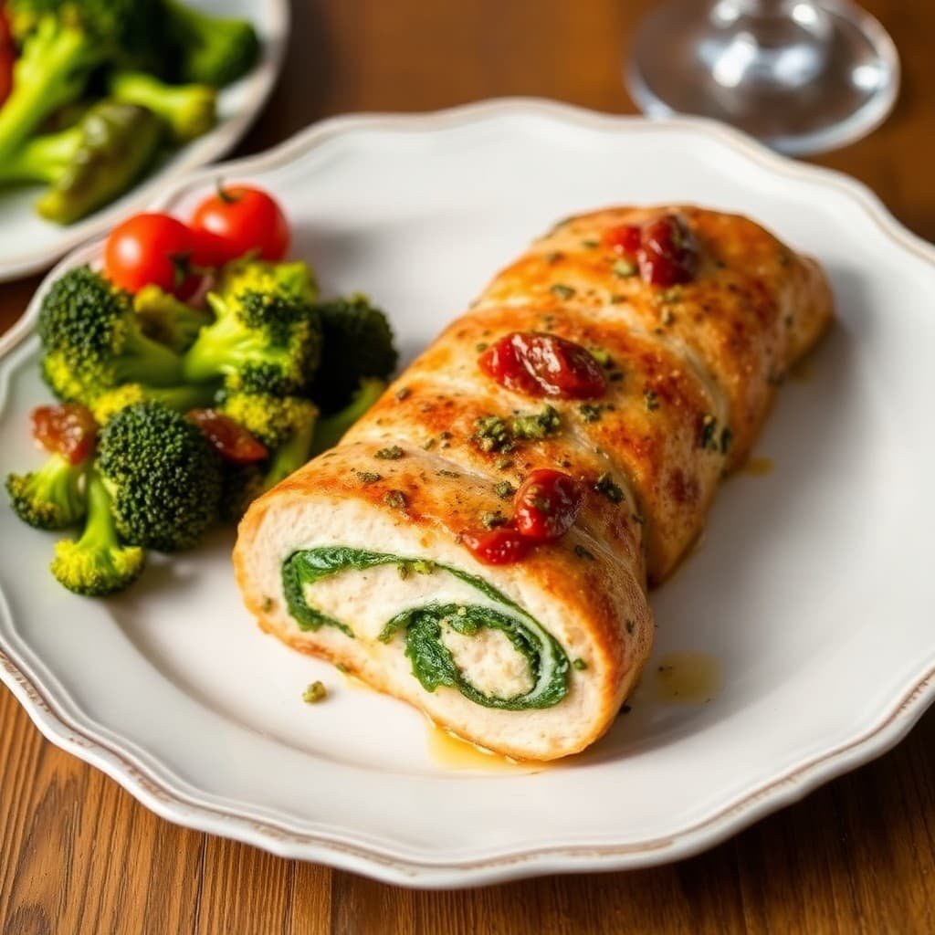 Tuscan Chicken Roulade with Garlic Parmesan Roasted Broccoli