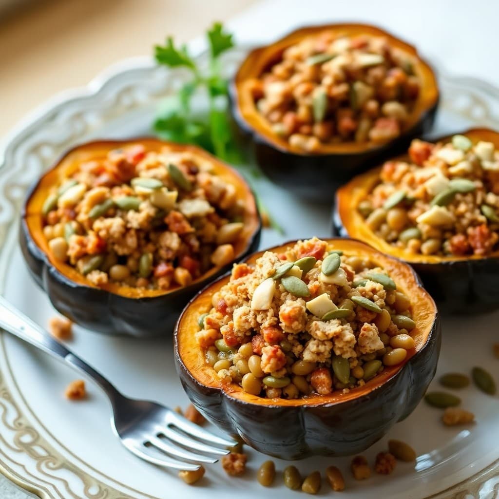 Lebanese Mujadara Stuffed Acorn Squash with Crispy Lentil-Seed Topping