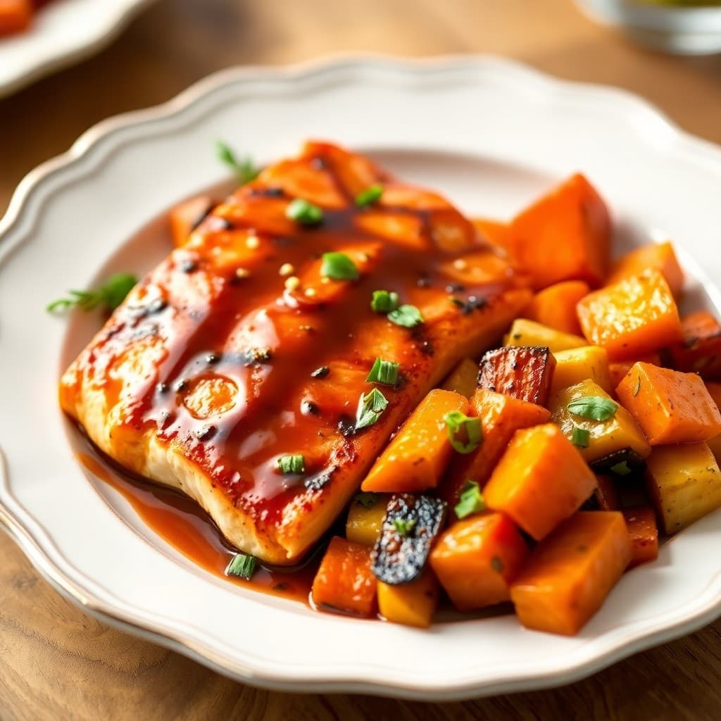 Grilled Teriyaki Salmon with Roasted Sweet Potato Medley