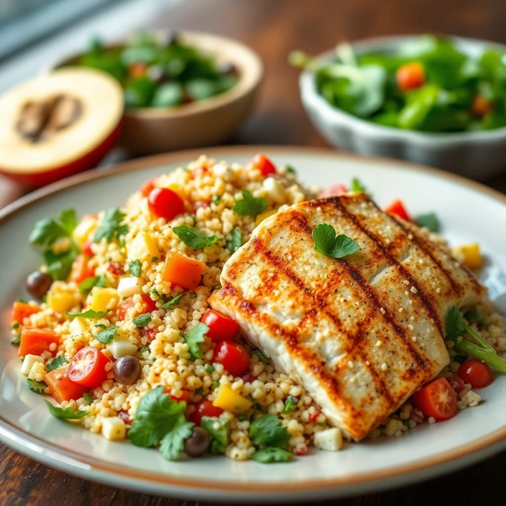 Mediterranean Quinoa Salad with Grilled Halibut