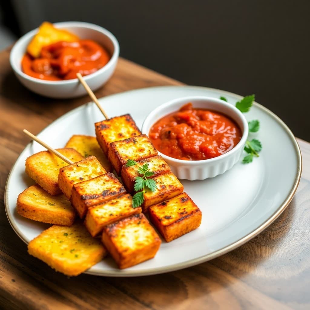Spanish Chorizo-Spiced Halloumi Skewers with Charred Romesco & Crispy Polenta Squares