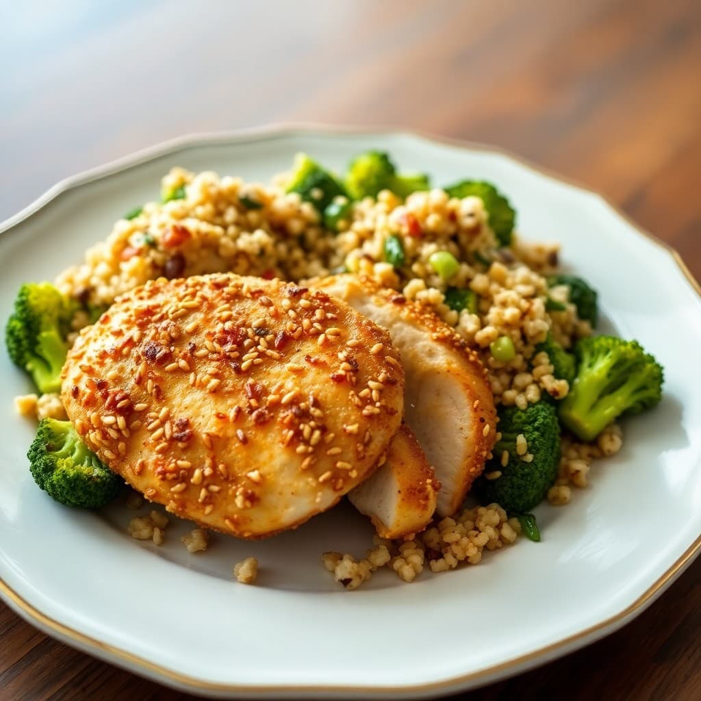 Sesame-Crusted Chicken with Roasted Broccoli and Quinoa Salad