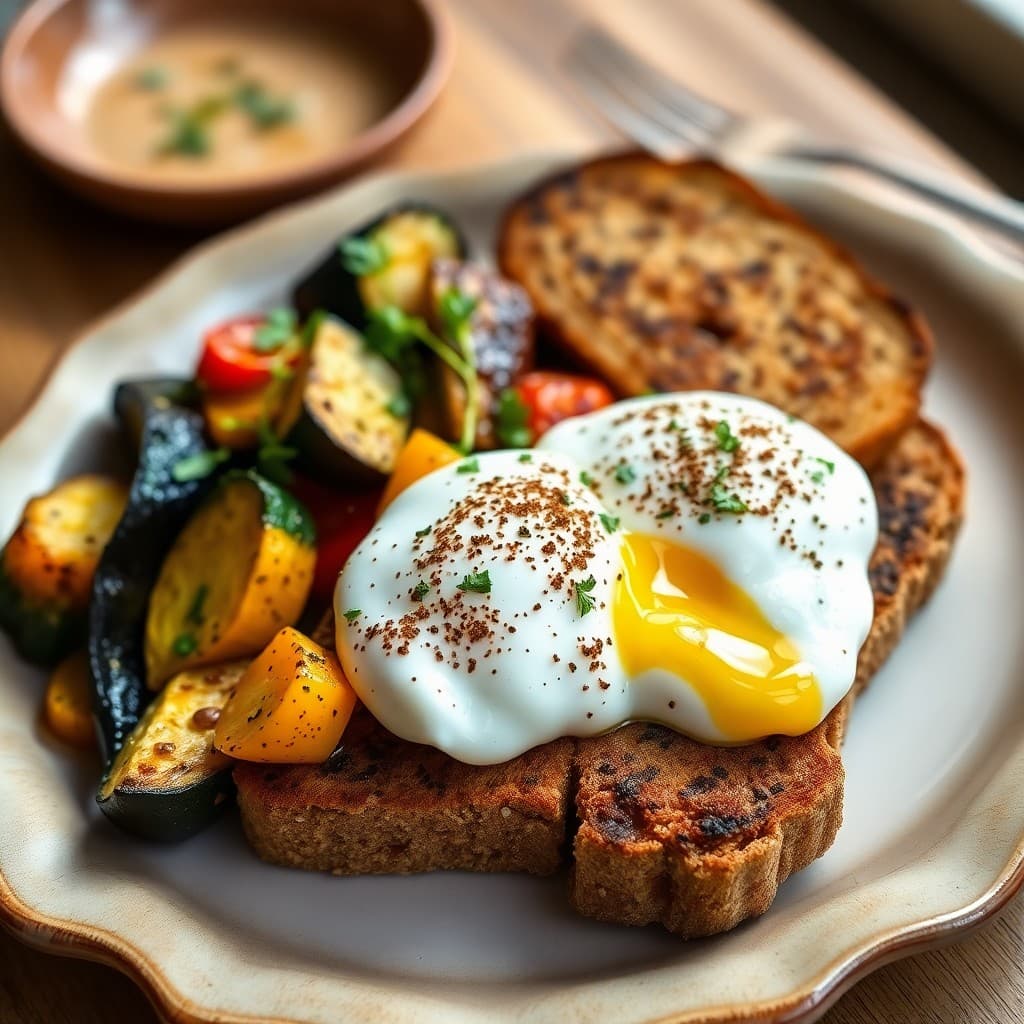 Turkish Herb-Crusted Poached Eggs with Za'atar Whole Grain Toast & Roasted Vegetable Medley