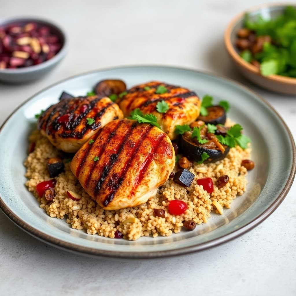 Pomegranate-Glazed Grilled Chicken with Freekeh & Charred Eggplant Caponata