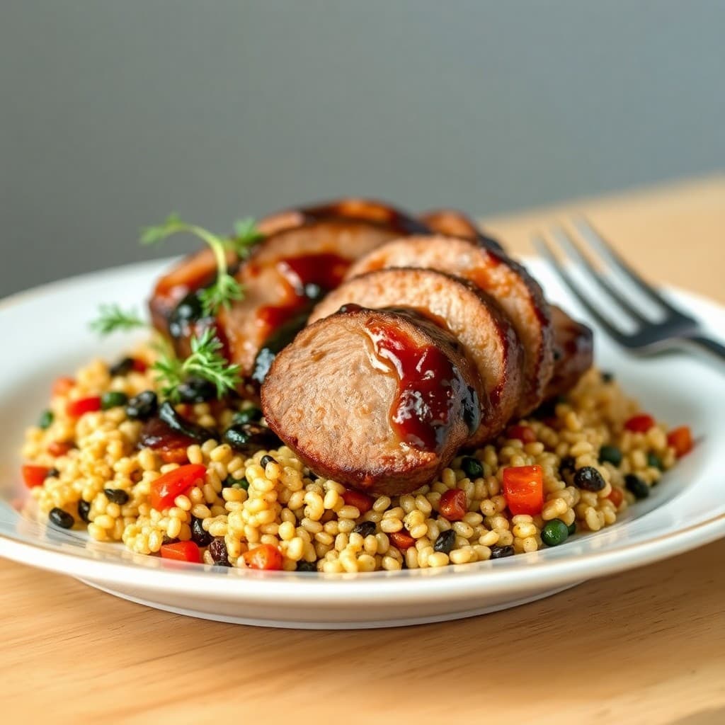 Balsamic Glazed Pork Tenderloin with Roasted Veggie Quinoa