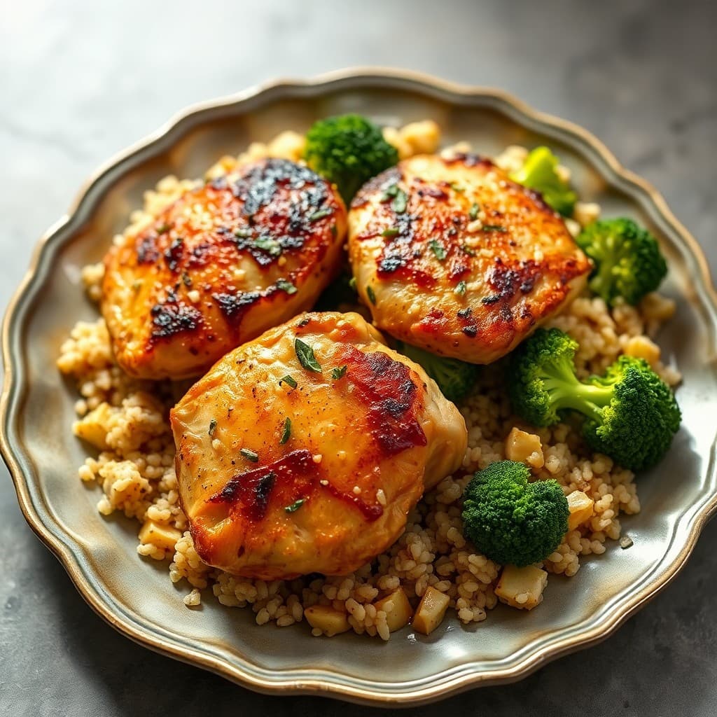 Seared Garlic-Ginger Chicken Thighs with Roasted Broccoli and Quinoa