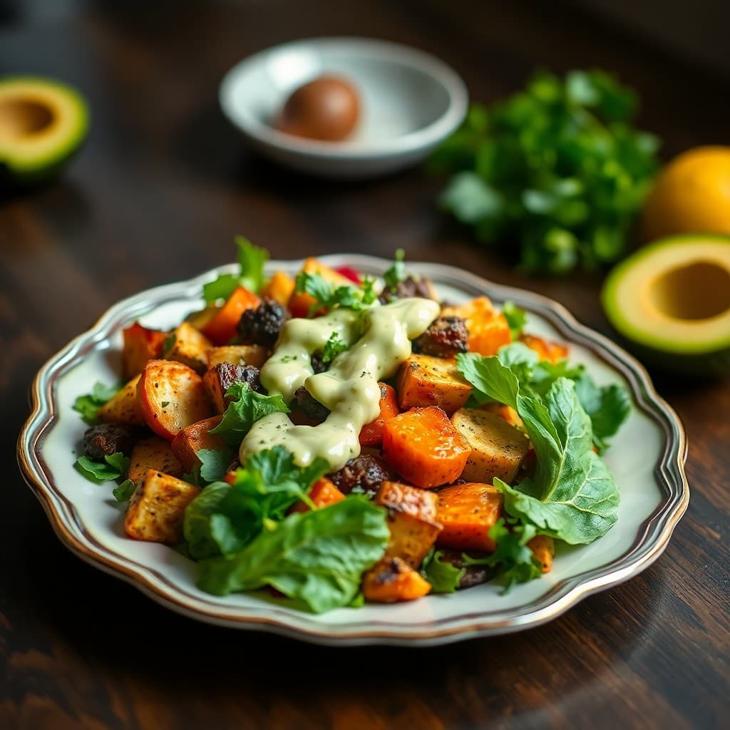 Roasted Autumn Veggie Salad with Creamy Avocado Dressing
