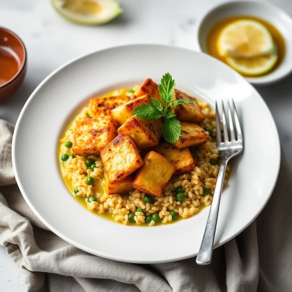 Thai-Inspired Crispy Tofu & Green Curry Coconut Broth with Farro