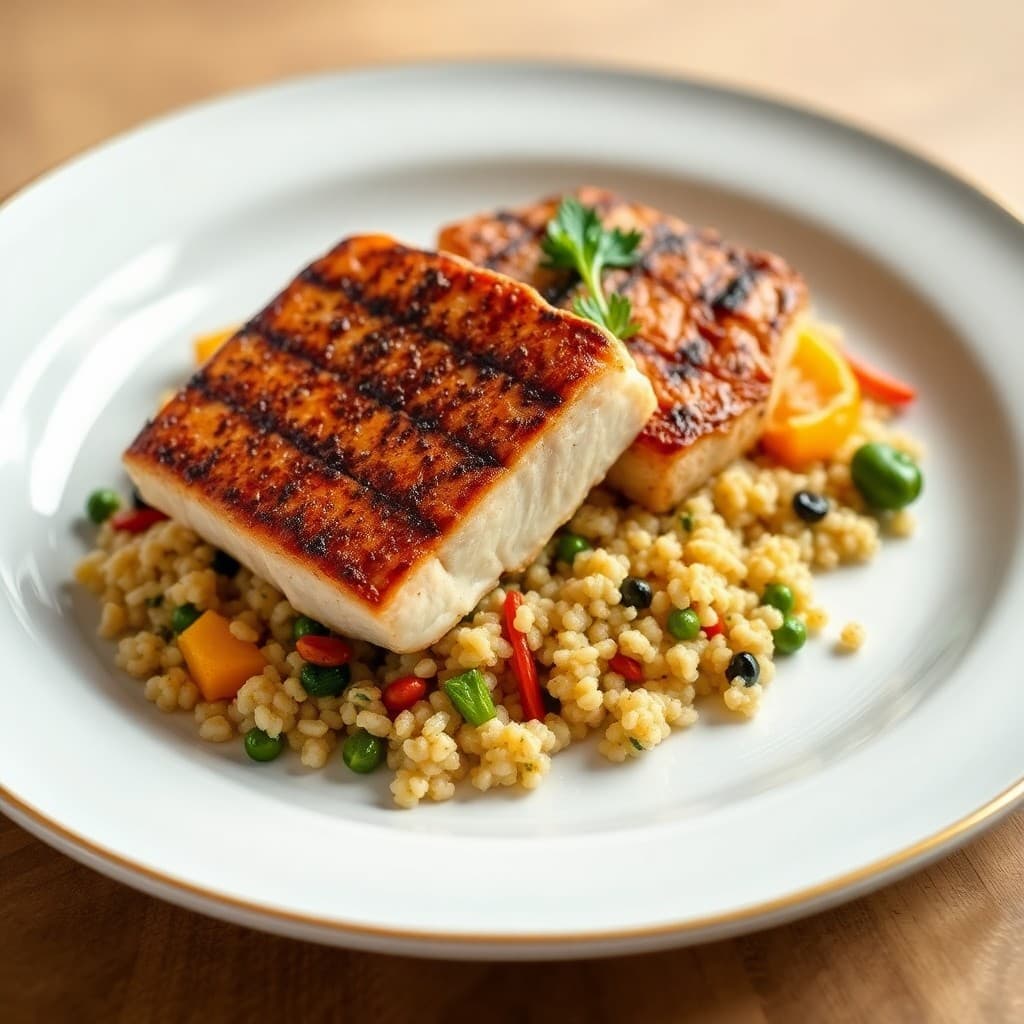 Seared Tuna Steaks with Roasted Vegetable Quinoa