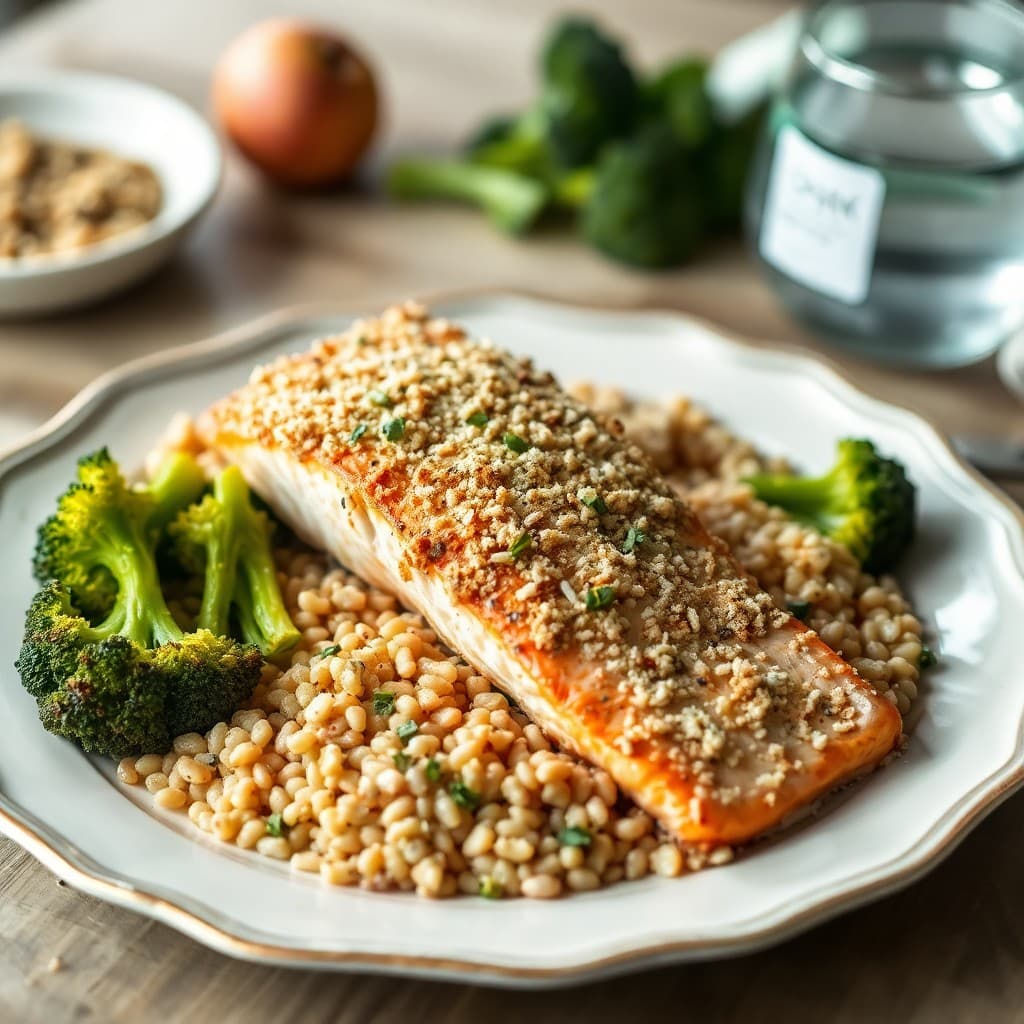 Garlic Parmesan Crusted Salmon with Roasted Broccoli and Farro