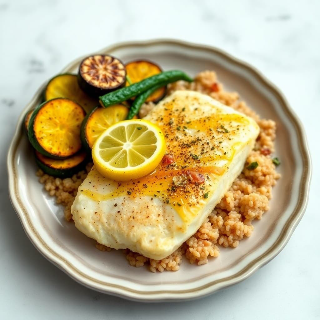Lemon-Garlic Baked Cod with Roasted Zucchini and Quinoa