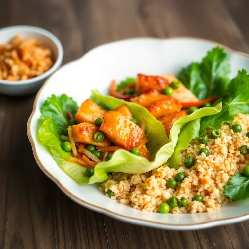 Teriyaki Salmon Lettuce Wraps with Edamame Fried Rice