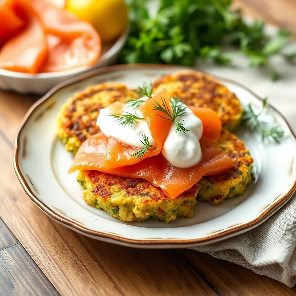 Mediterranean Zucchini Fritters with Smoked Salmon and Herb Yogurt