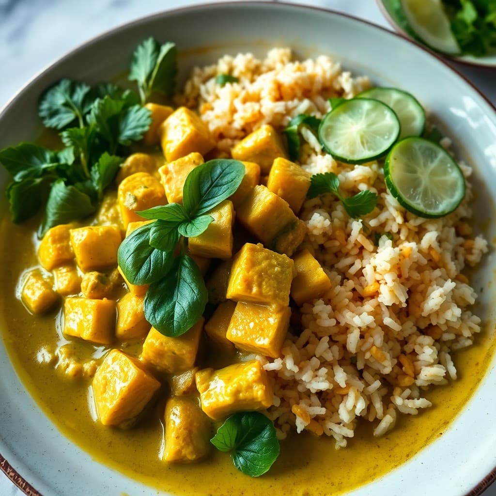 Thai Green Curry Tempeh with Crispy Jasmine Rice & Cucumber Salad