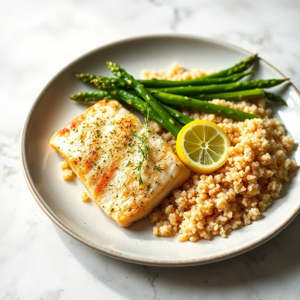 Baked Lemon Herb Tilapia with Roasted Asparagus and Quinoa