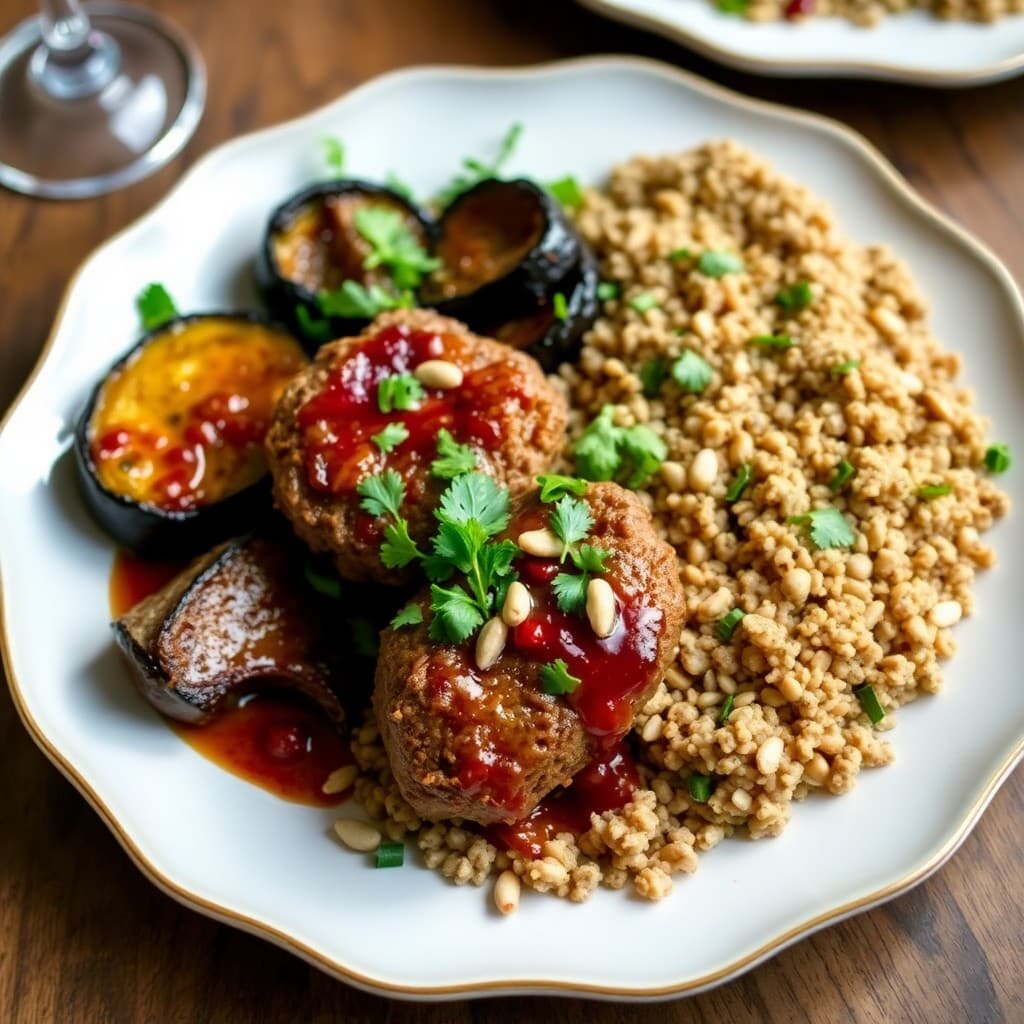 Turkish Pomegranate-Glazed Lamb Köfte with Charred Eggplant & Freekeh Pilaf
