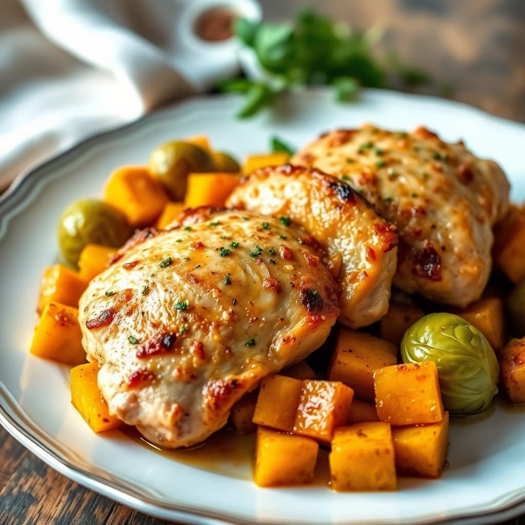 Paleo Roasted Chicken with Butternut Squash and Brussels Sprouts