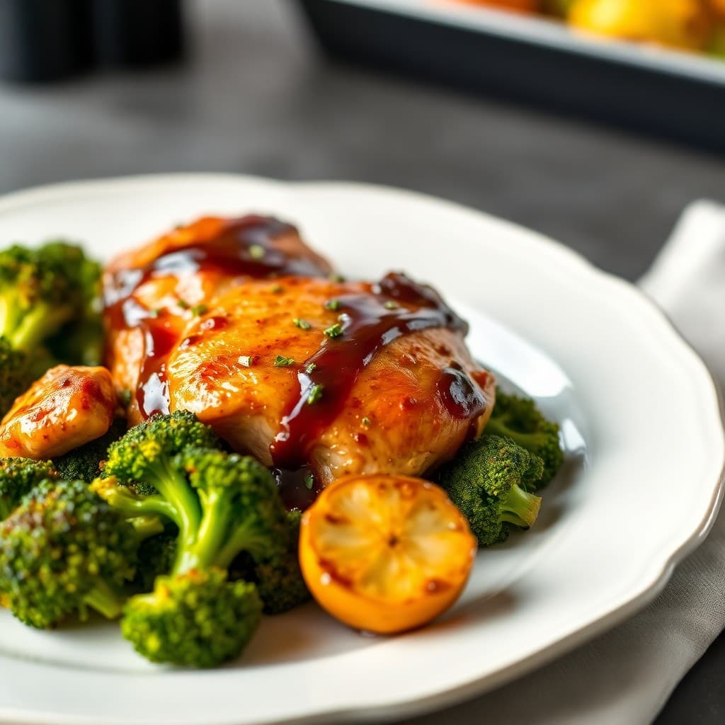 Balsamic Glazed Chicken Thighs with Roasted Garlic Lemon Broccoli
