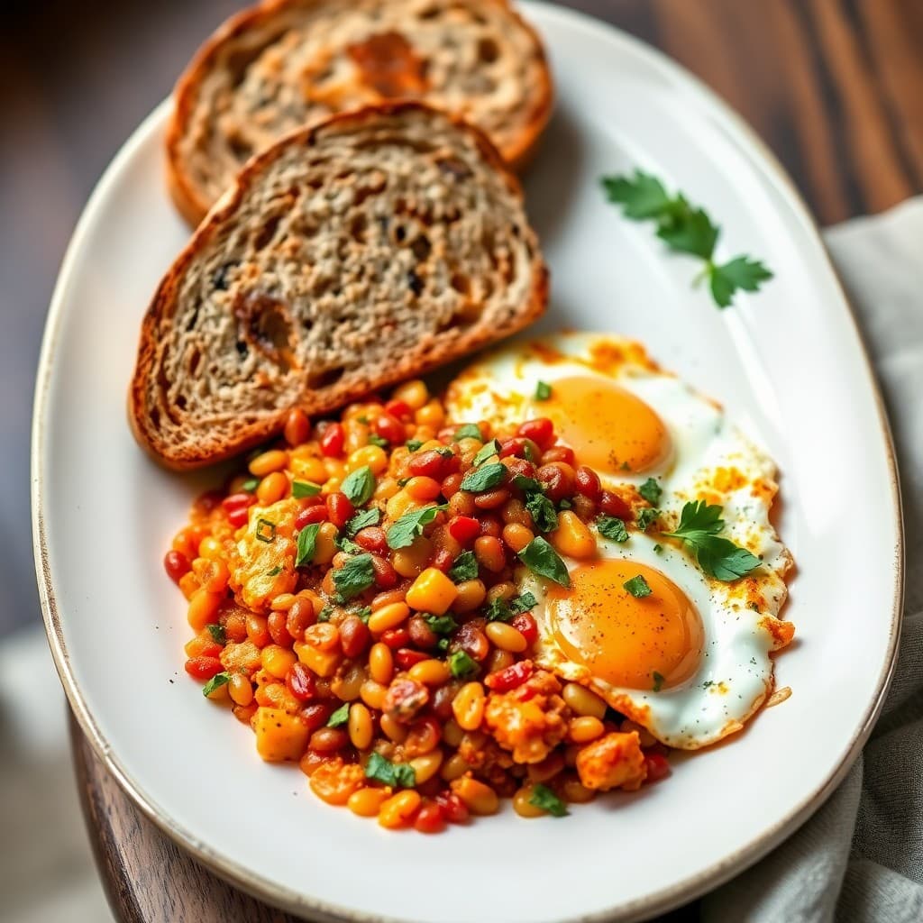 Turkish Menemen with Lentils & Herb-Toasted Whole Grain Bread