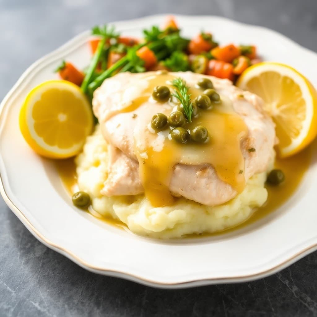 Zesty Lemon Chicken Piccata with Roasted Garlic Mashed Potatoes