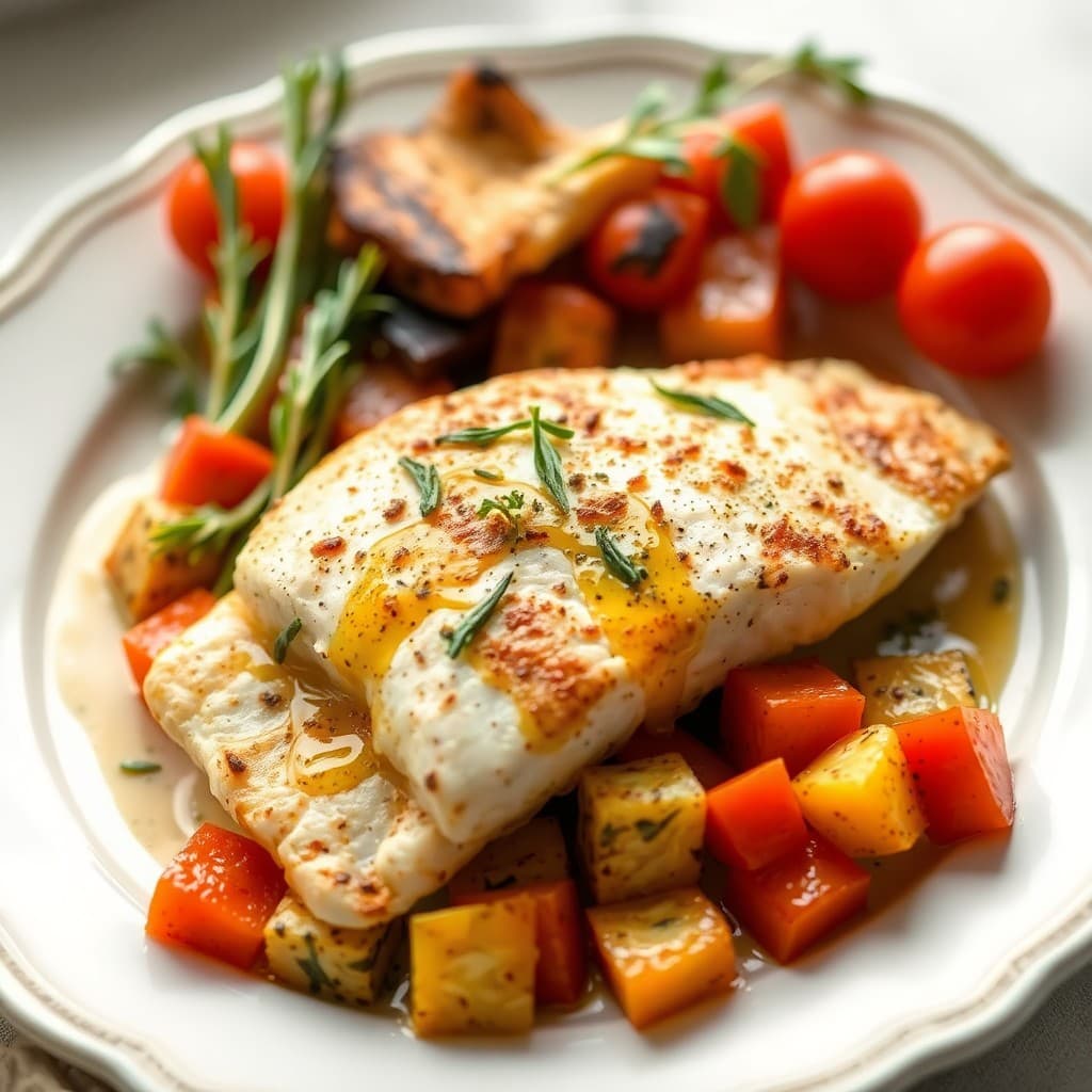 Baked Mediterranean Halibut with Roasted Vegetables
