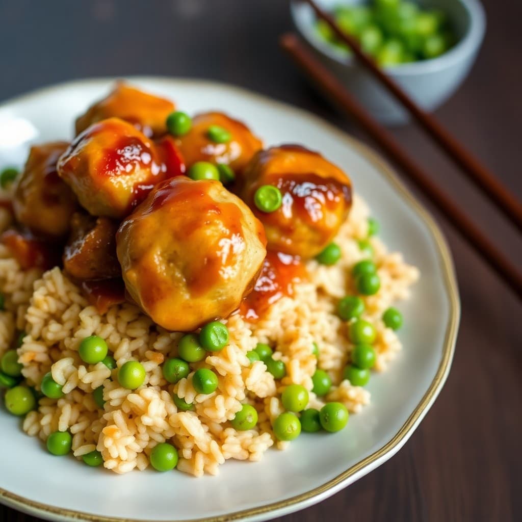 Teriyaki Chicken Meatball Bowls with Edamame Fried Rice