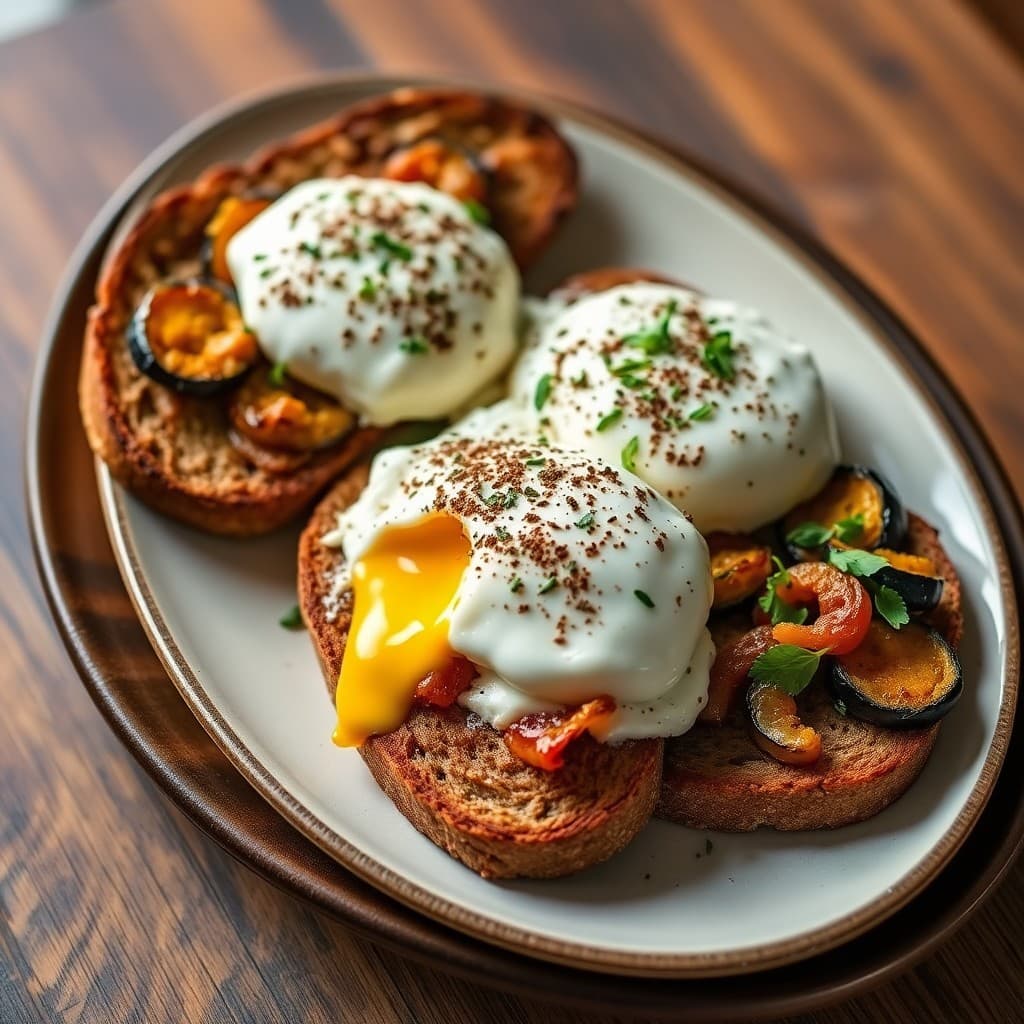 Lebanese Zaatar-Crusted Poached Eggs with Herbed Labneh & Roasted Vegetable Toast