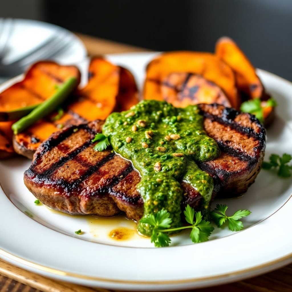 Grilled Bison Steaks with Chimichurri and Roasted Sweet Potato Wedges