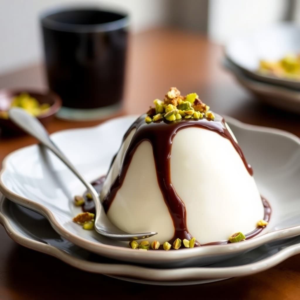 Cardamom-Pistachio Panna Cotta with Dark Chocolate Drizzle