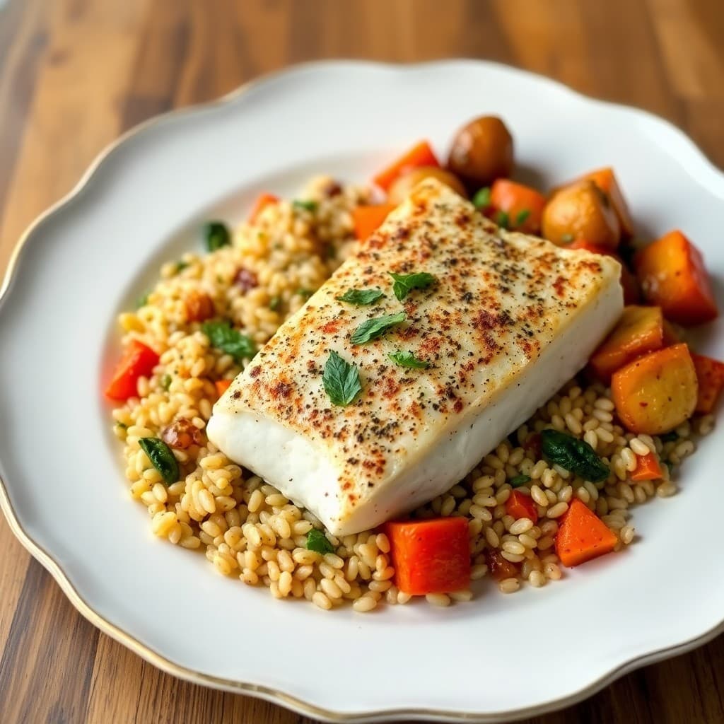Mediterranean Baked Halibut with Garlic-Herb Farro and Roasted Veggies