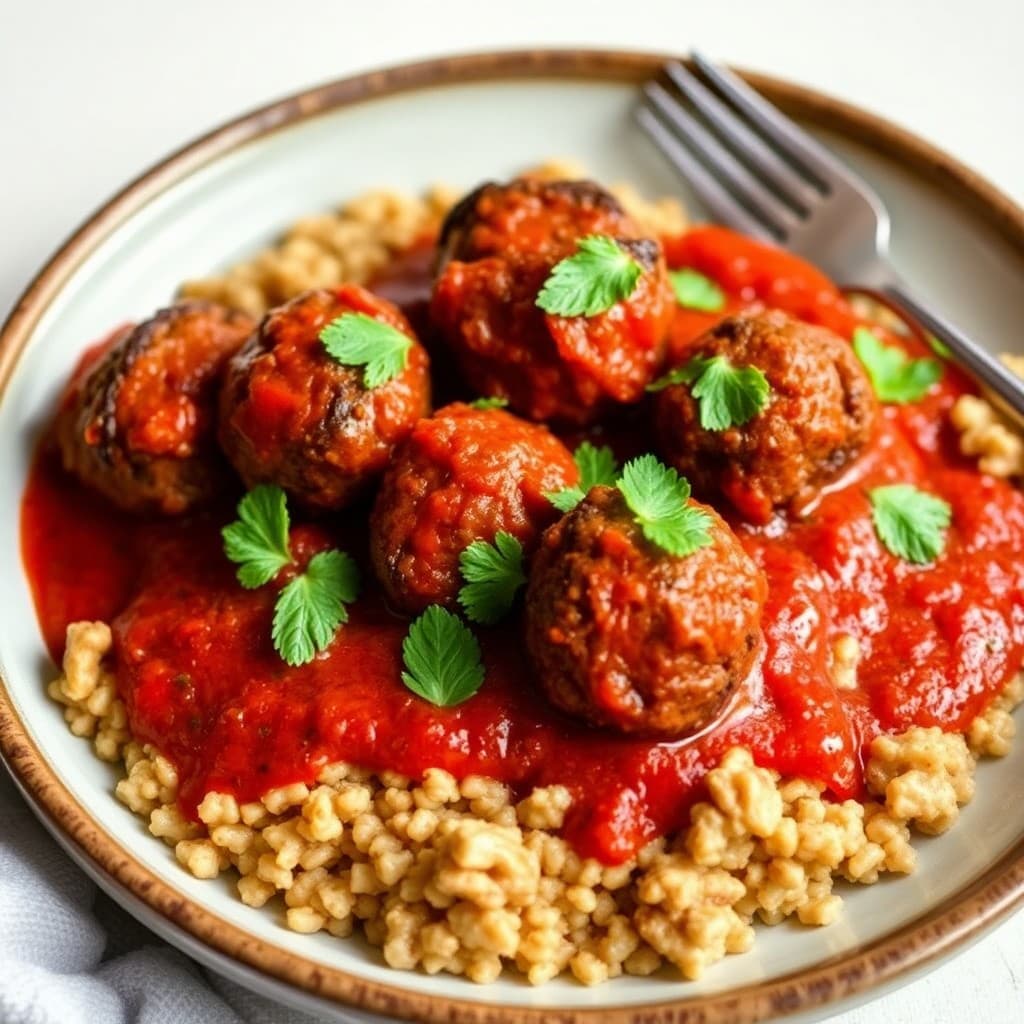 Turkish Herb-Braised Lamb Köfte with Bulgur-Walnut Pilaf & Charred Tomato Sauce