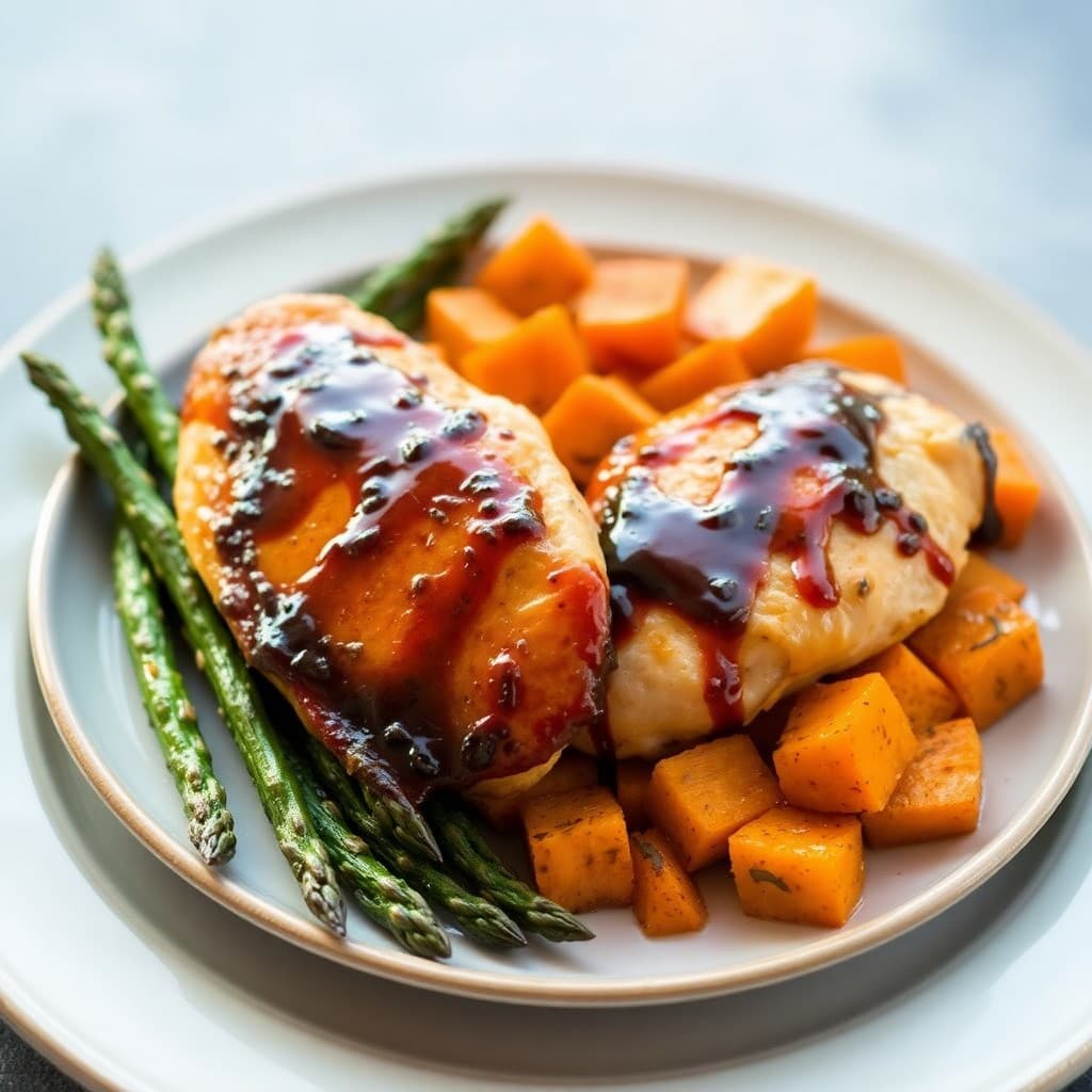 Honey Balsamic Glazed Chicken with Roasted Sweet Potatoes and Asparagus