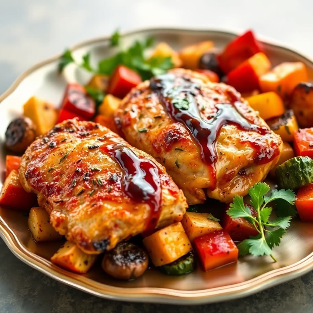Balsamic Glazed Chicken Thighs with Mediterranean Roasted Veggies