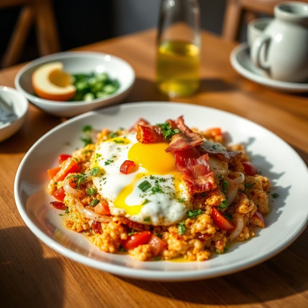 Turkish Sunrise Menemen with Crispy Bacon & Herb Oil