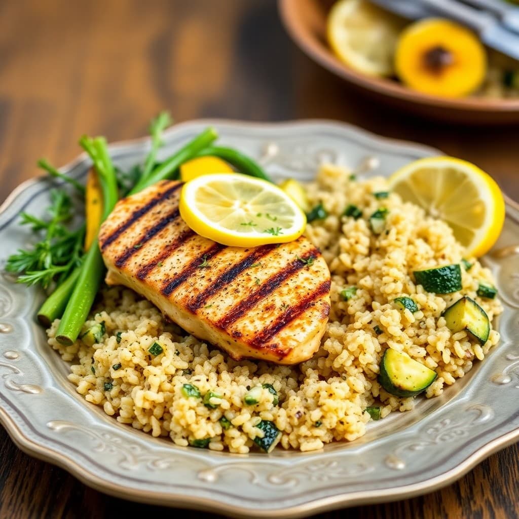 Grilled Lemon Chicken with Roasted Zucchini and Quinoa