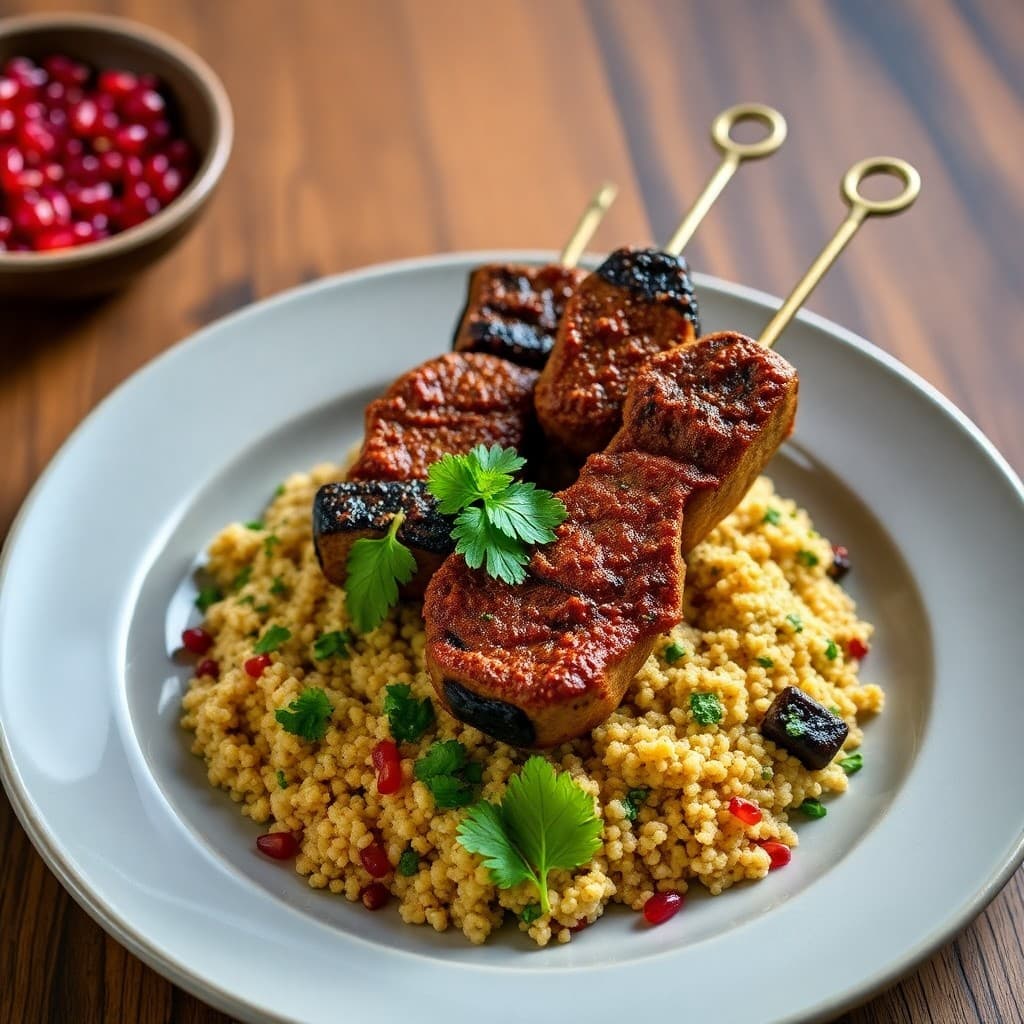 Harissa-Rubbed Lamb Kebabs with Charred Eggplant & Herbed Bulgur