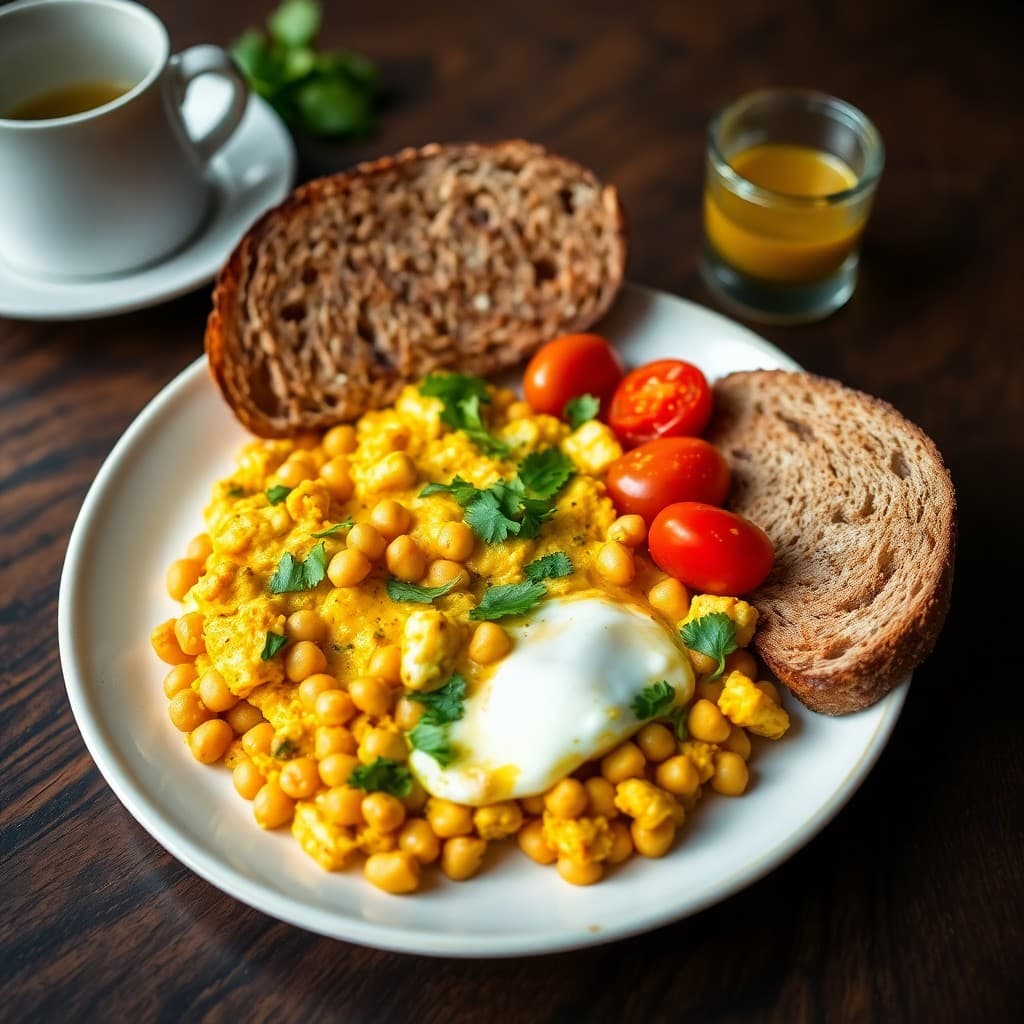 Spiced Chickpea & Herb Scrambled Egg Breakfast with Roasted Cherry Tomatoes